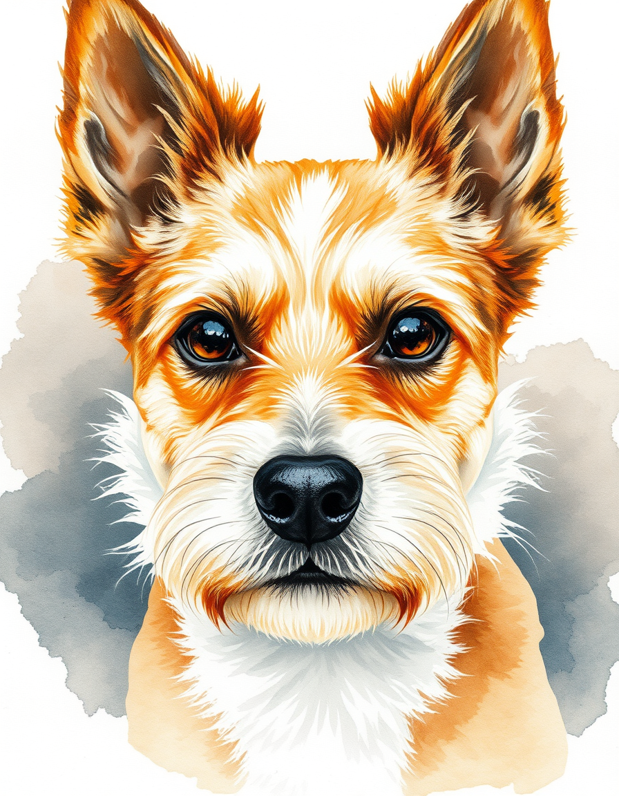 Picture Into Watercolor idea: turn picture into watercolor, transparent washes, paper texture, soft pigment edges, Un retrato de perro convertido en acuarela, ojos tiernos, pigment