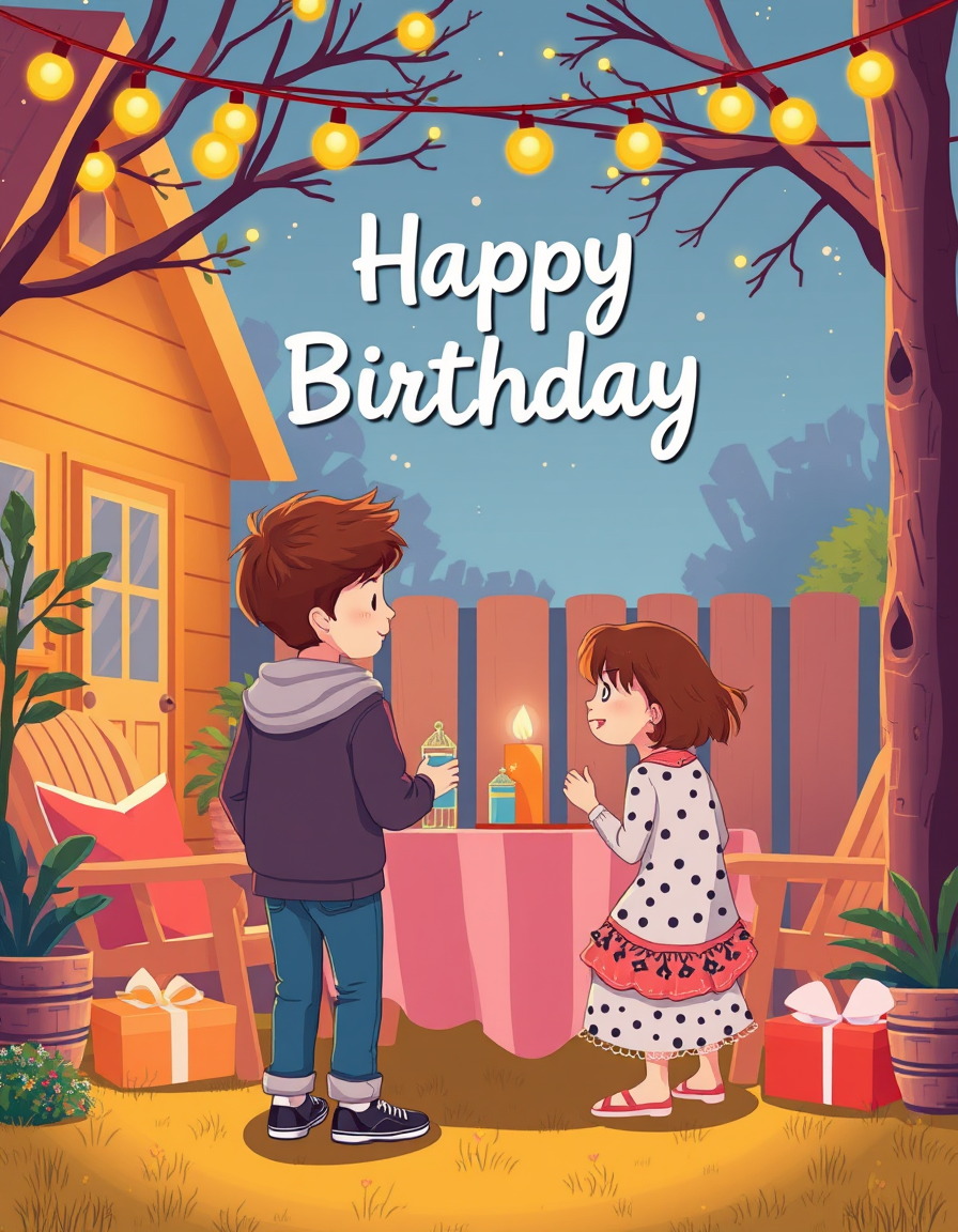 Greeting Cards idea: greeting card design, warm illustration, space for message, Teen boy birthday party for friends in back yard with fairy lights , printable greeting ca