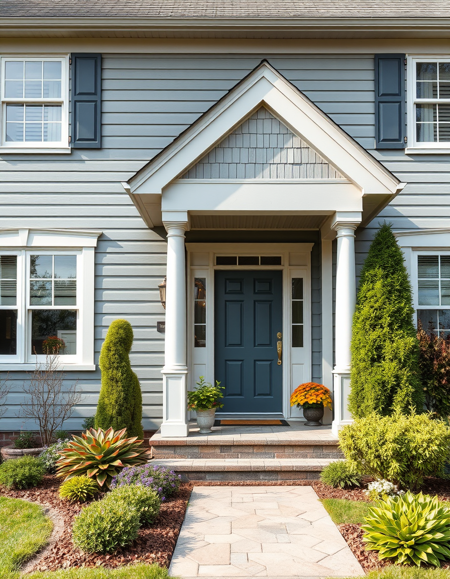 Exterior Paint idea: home exterior paint visualization, preserve architecture and landscaping, recolor siding trim and front door, bitte das gebäude nur bemalen in grau , 