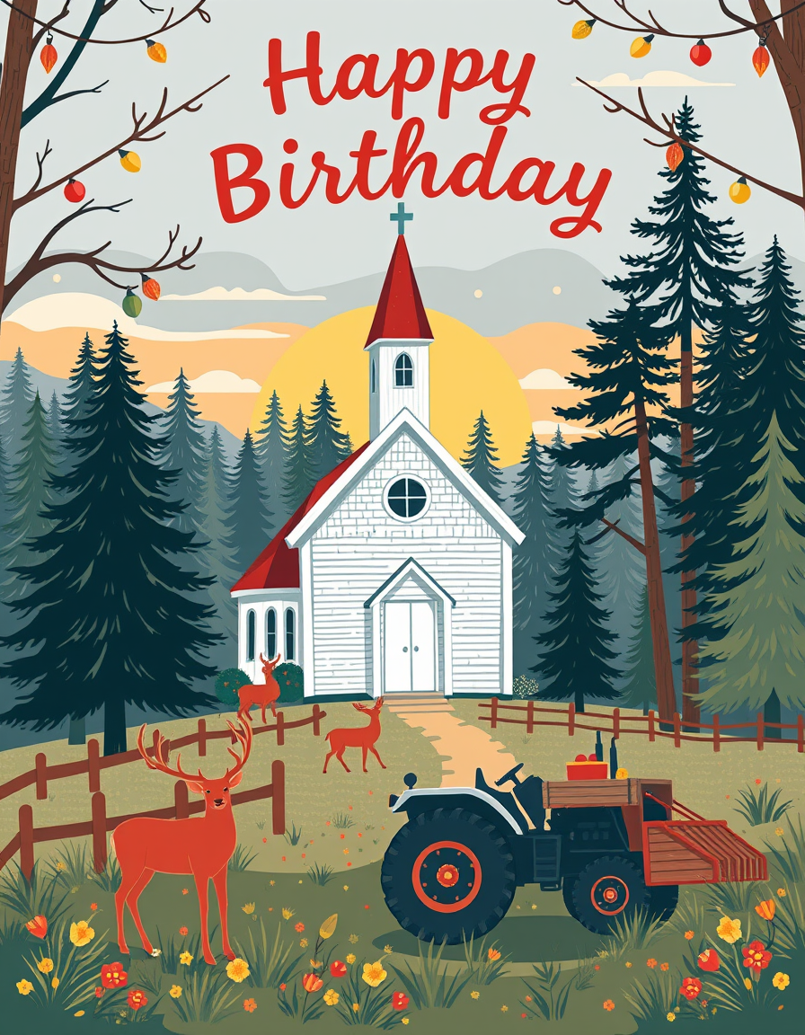 Birthday Card idea created from the prompt: birthday card design, cheerful festive artwork, space for greeting, Country church, woods, deer, sunset, tractor , printable birthday card