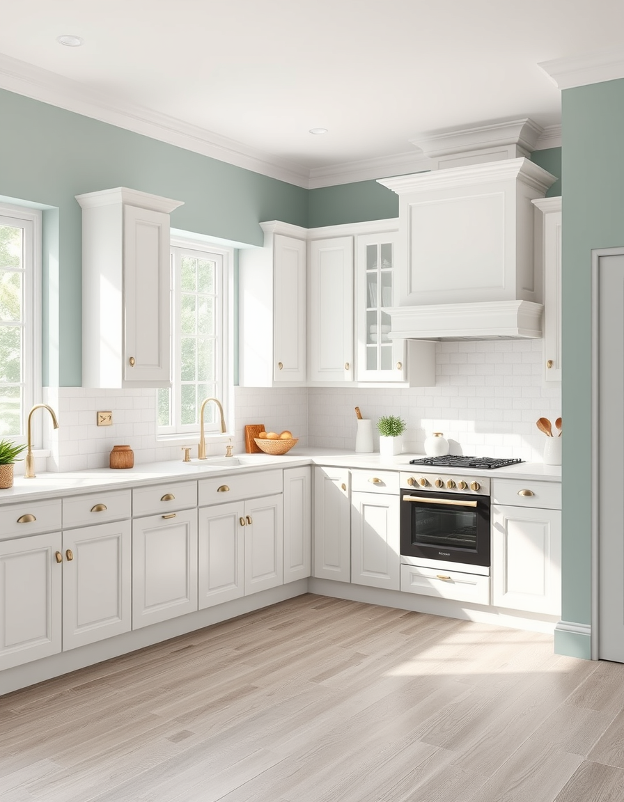 Paint Color idea: room repainted in a new wall color from the photo, accurate paint finish, photorealistic interior render, White cupboards with sea-green countertops a