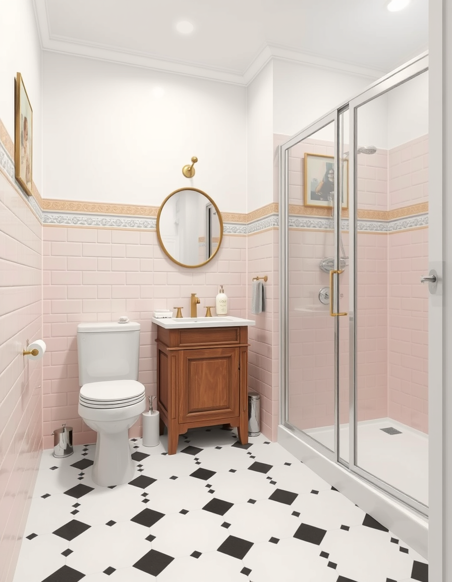 Bathroom Design idea: AI bathroom design, tiled surfaces vanity and fixtures, photorealistic interior render, small bathroom with a toilet on the left as you look, then fac