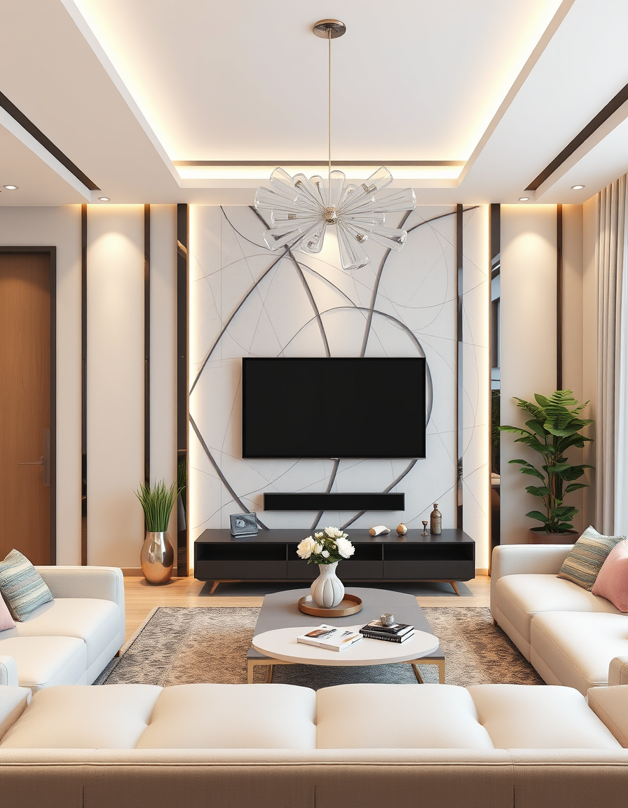Interior Design idea: AI interior design, cohesive furniture layout decor and lighting, photorealistic interior render, Design me a modern, luxurious TV wall that will be t