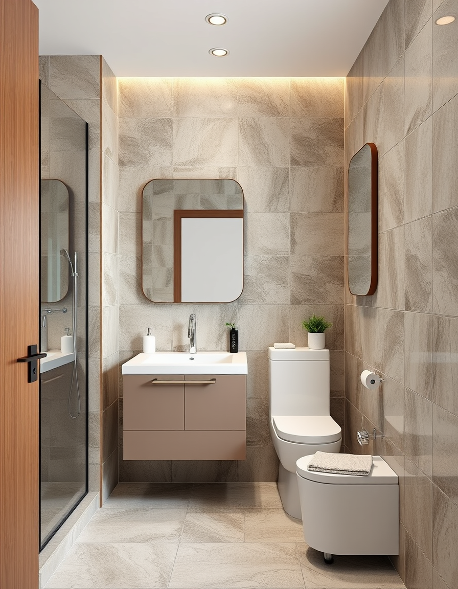 Bathroom Design idea: AI bathroom design, tiled surfaces vanity and fixtures, photorealistic interior render, Mi baño tiene uno 90 × 2, 30 de largo en la pared de uno 90 de