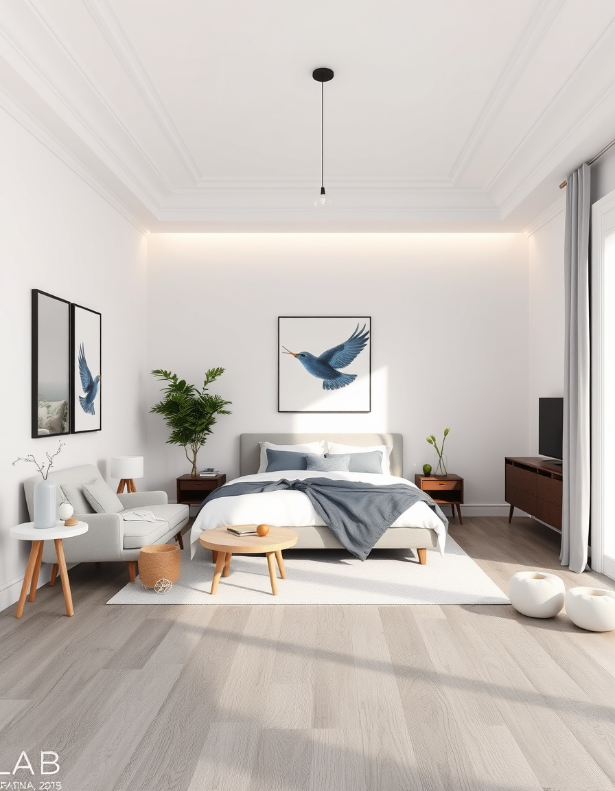 Interior Design idea: AI interior design, cohesive furniture layout decor and lighting, photorealistic interior render, bedroom, white cealing, wooden floor in oak grey. Wa