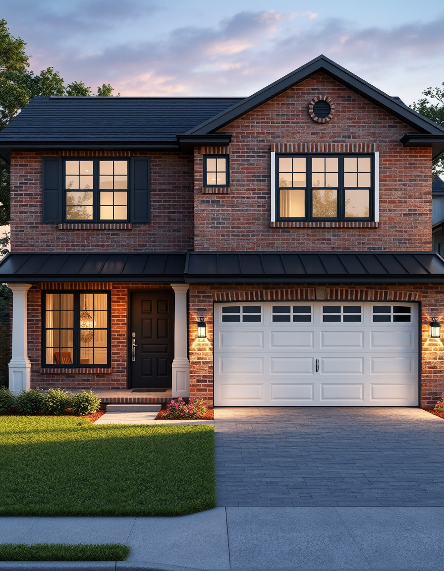 House Exterior Design idea: AI house exterior design, facade materials roofline and landscaping, photorealistic render, paint the existing brick, give it a double garage, grass,