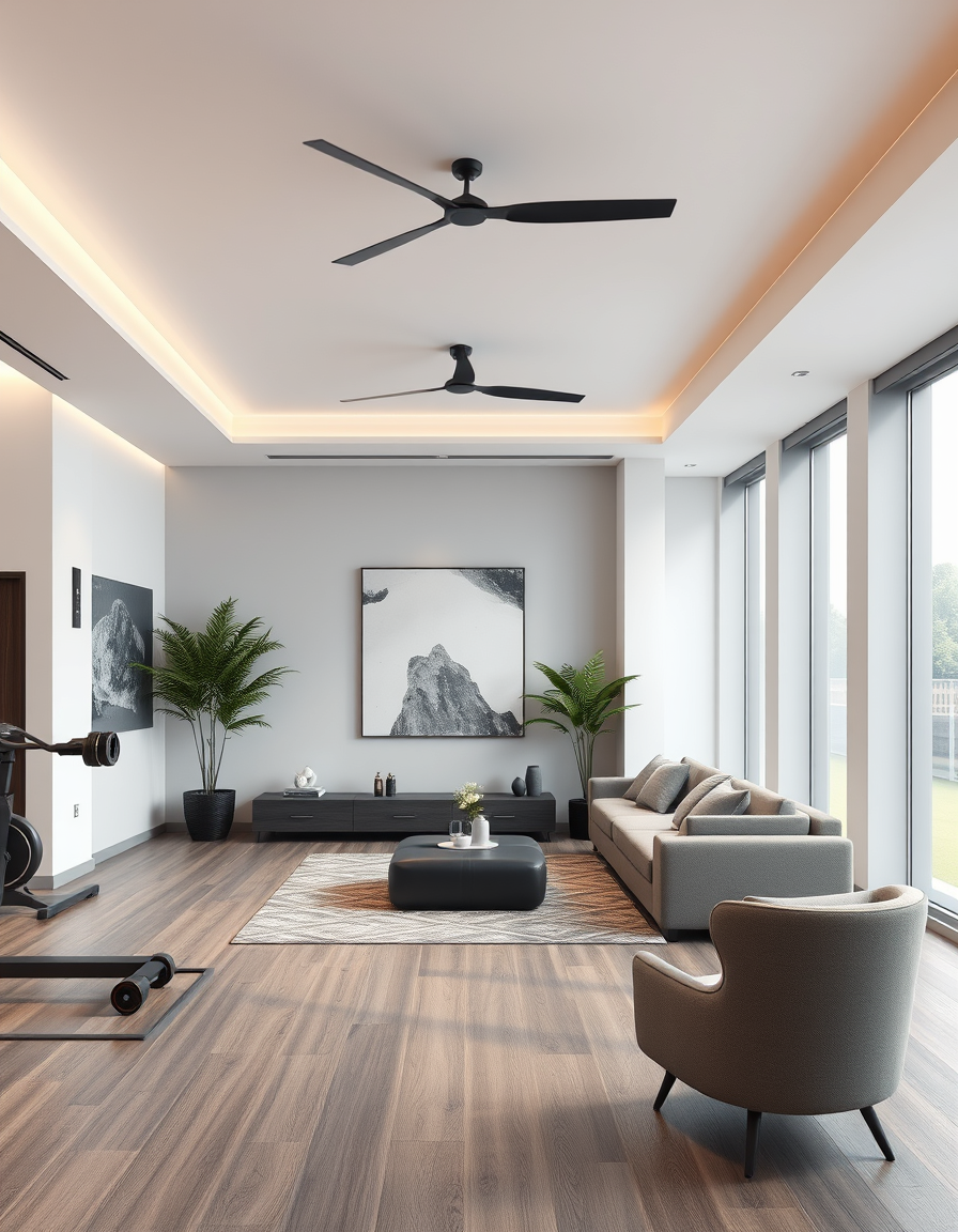 Interior Design idea: AI interior design, cohesive furniture layout decor and lighting, photorealistic interior render, a gym , interior design visualization