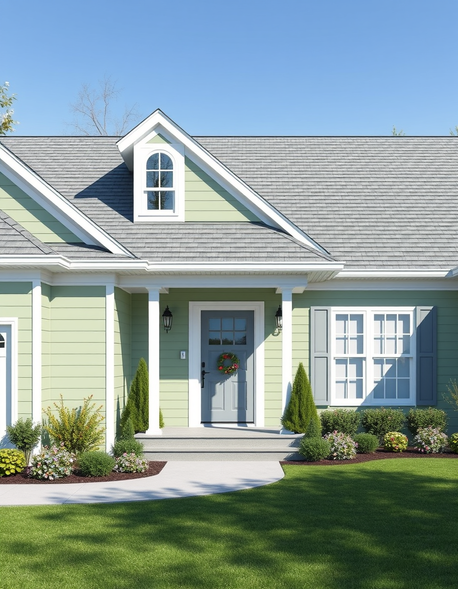 House Exterior Design idea: AI house exterior design, facade materials roofline and landscaping, photorealistic render, Light green ranch home with grey shutters and white gutter