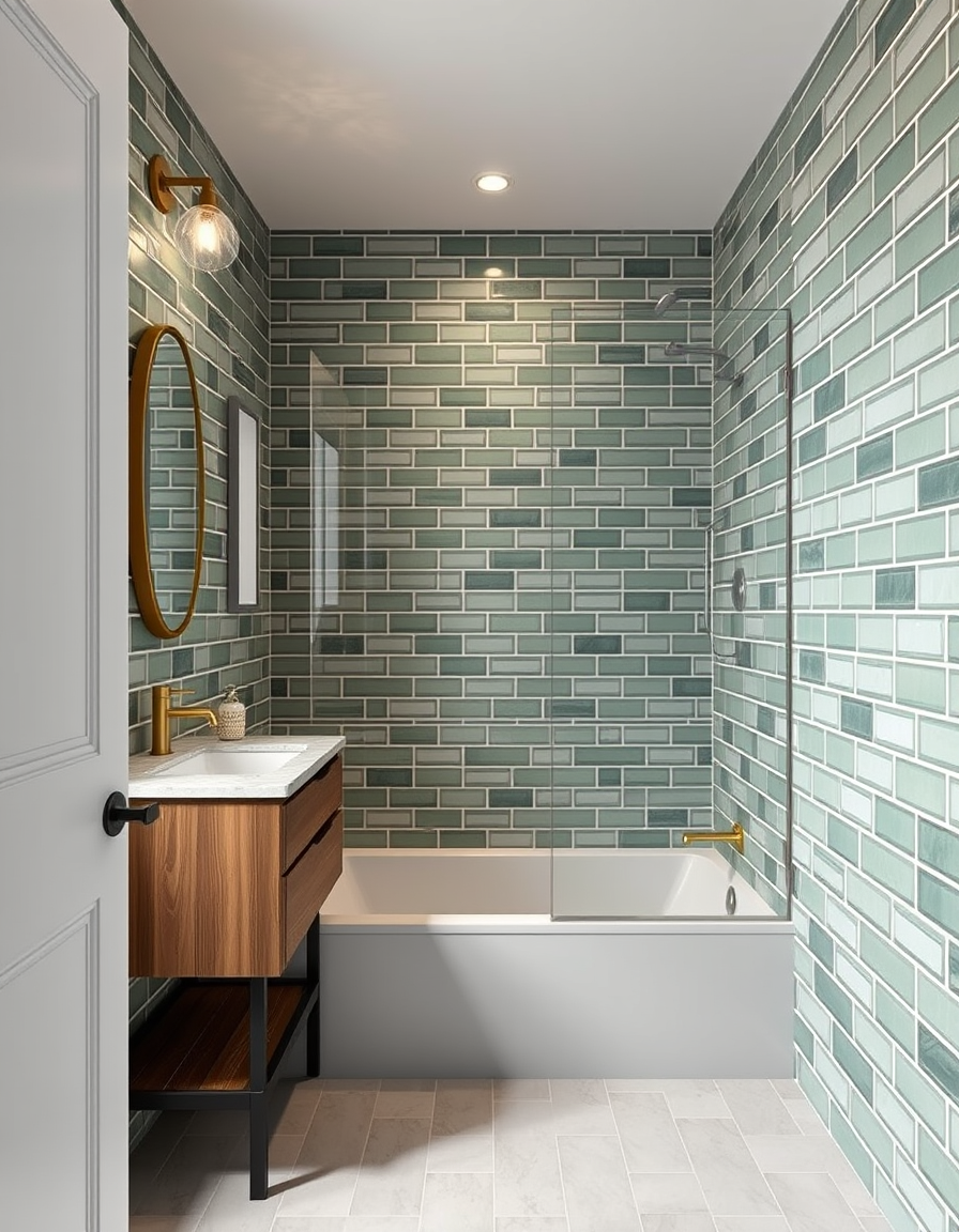 Bathroom Design idea: AI bathroom design, tiled surfaces vanity and fixtures, photorealistic interior render, small bathroom with mediterrainian green subway tiles, brushed