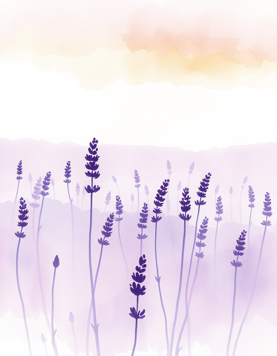 Watercolor idea created from the prompt: watercolor painting, soft transparent washes, wet-on-wet bleeds, paper texture visible, a field of lavender at dusk in soft purple washes , 
