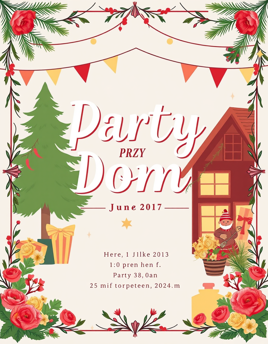 Invitation idea: party invitation design, festive layout, decorative border, space for event details, ogród przy domu , printable invitation