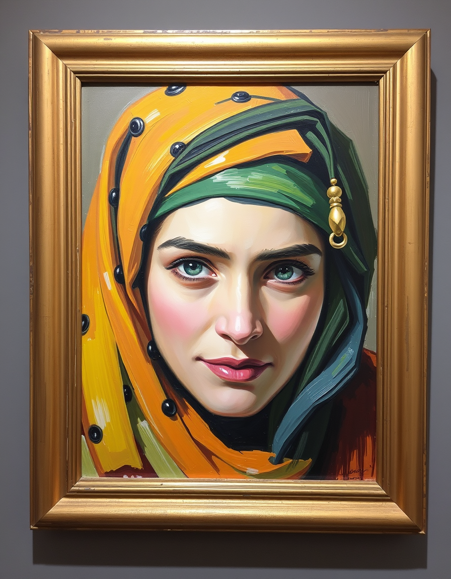 Turn Photo Into Paintings idea: painting from the photo, expressive brushwork, painterly rendering, بنت واقفه عند الباب داخله بالصدفة لابسه فستان بيجي قصير وانيق والشب جالس في الزاوي
