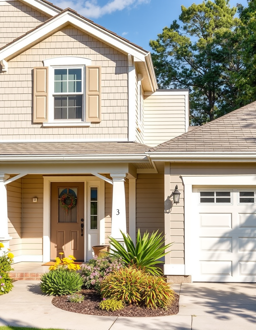 Exterior Paint idea: home exterior paint visualization, preserve architecture and landscaping, recolor siding trim and front door, exterior with garage in sandy beach, cre