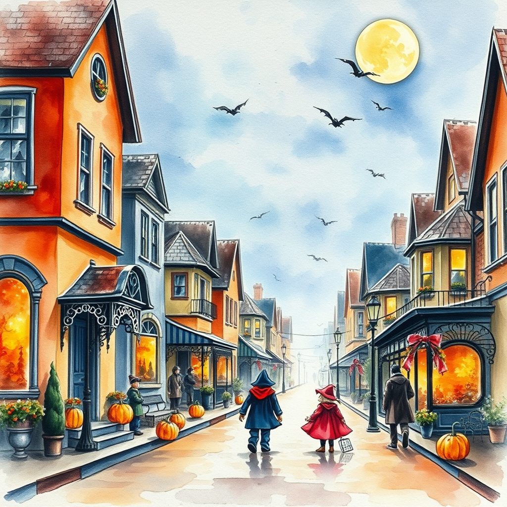 Picture Into Watercolor idea: turn picture into watercolor, transparent washes, paper texture, soft pigment edges, A beautiful Halloween streets decorated street and houses, people