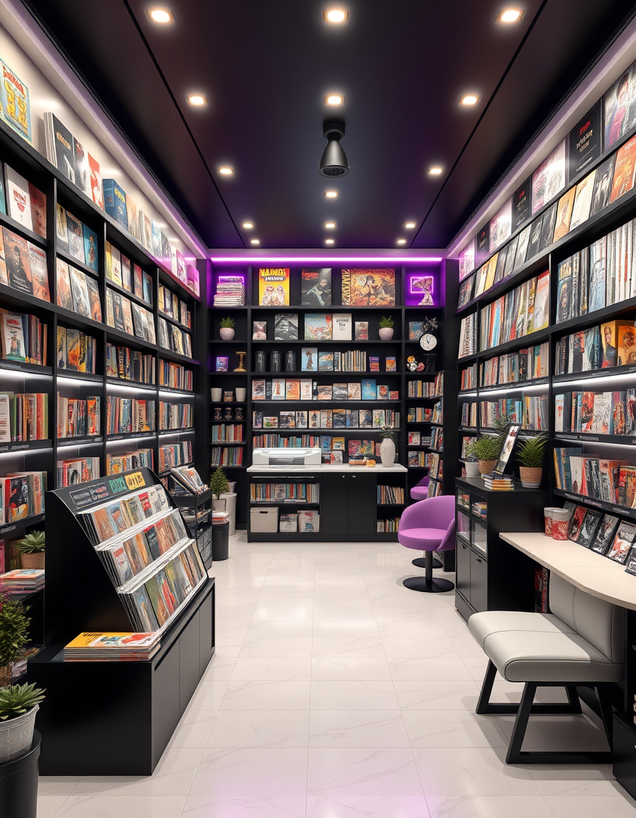 AI Room Design idea created from the prompt: AI room design, full room layout furniture and lighting, photorealistic interior render, Create a medium-sized luxury comic store with black