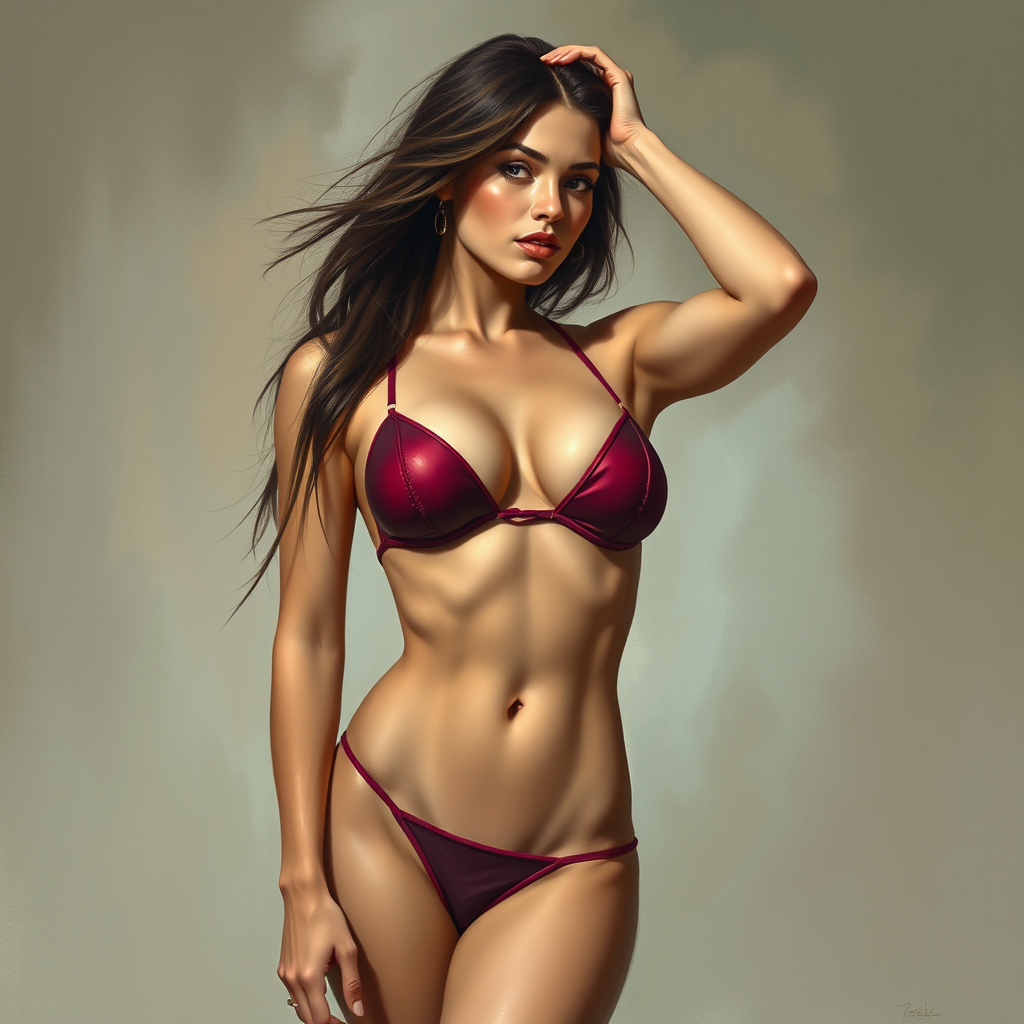 Book Covers idea: cover-ready concept art organized around genre, focal point, and title-safe space, deliberate composition, give me a brunette woman wearing a bikini ,