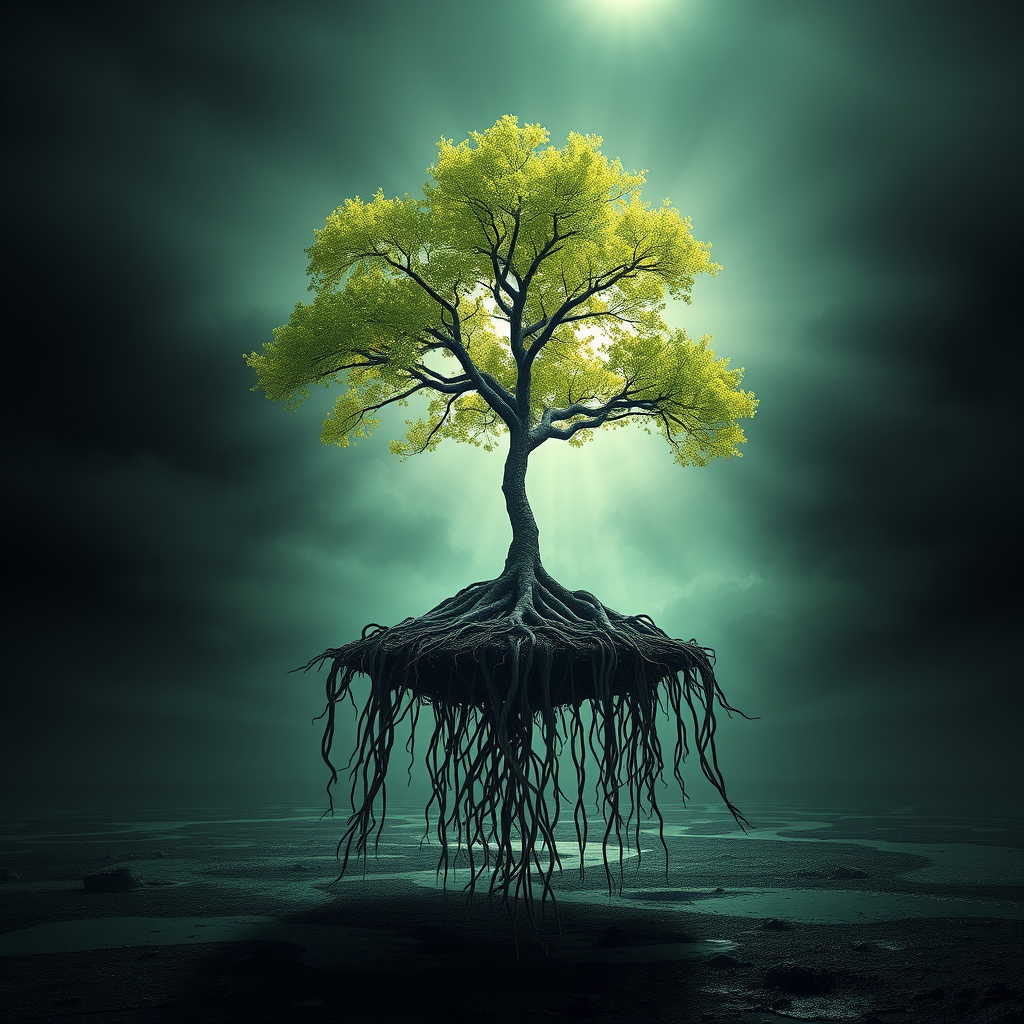 AI Painting prompt example created from the prompt: a tree floating in a toxic air with metal roots