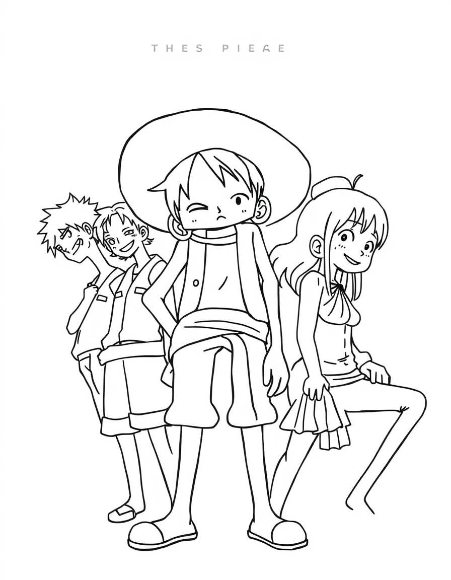 Photo To Outline idea: photo to outline drawing, clean contour lines, minimal shading, preserve subject silhouette, one piece from the anime one piece put brook, frankie, an