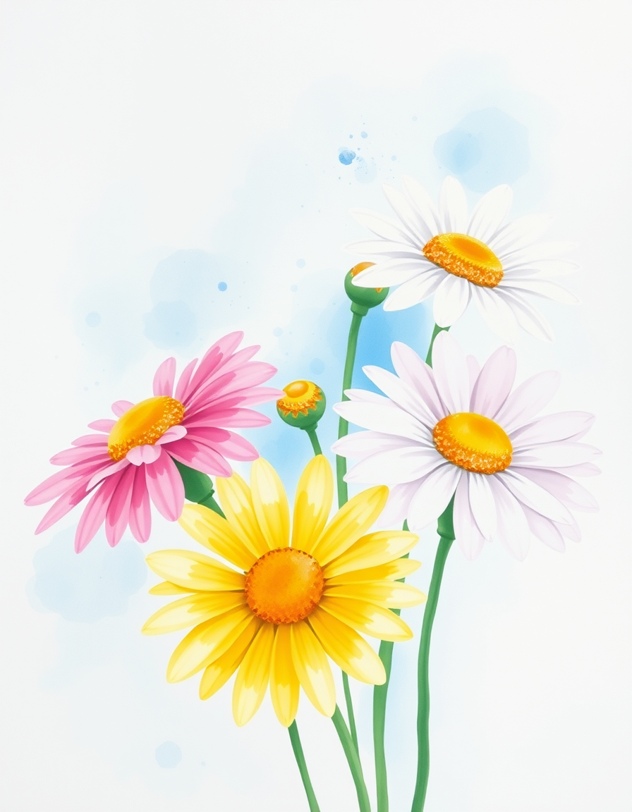 Main painting studio: A watercolor of daisies on a light blue background, amateur style with imperfections