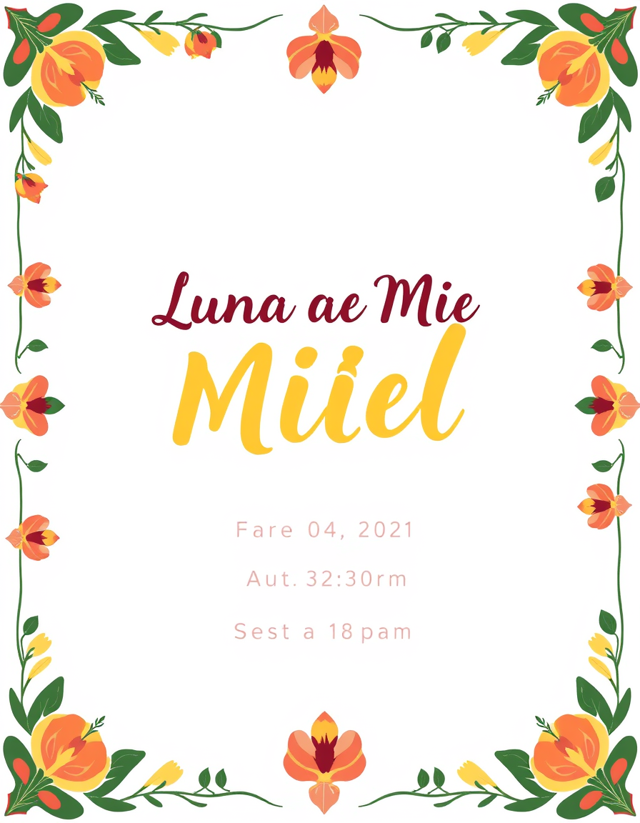 Invitation idea: party invitation design, festive layout, decorative border, space for event details, Luna de Miel , printable invitation