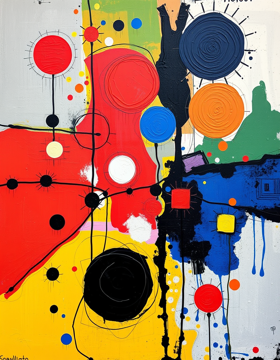 Main painting studio: abstract painting, in the style of Joan Miró,parallel worlds in color, colorful --chaos 75 --ar 4:5 --style raw --profile rsy6uq9 --stylize 750