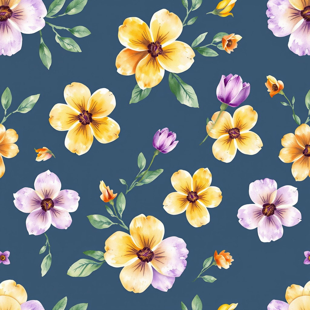 Watercolor idea created from the prompt: watercolor painting, soft transparent washes, wet-on-wet bleeds, paper texture visible, Flat seamless floral surface pattern, medium scale w