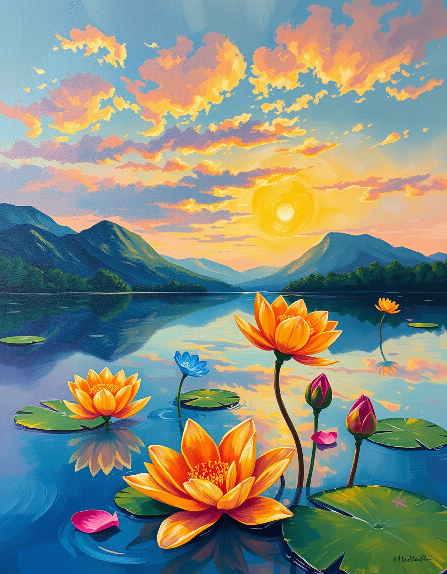 Main painting studio: flores del oto flotando en un lago al atardecer. Estilo de paleta impresionista al oleo colores dorados y anaranjados piceladas visibles