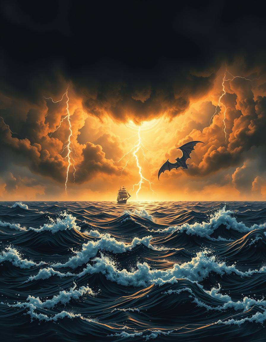 Book Covers idea: book cover composition, vertical 2:3 format, title-ready negative space at top, evocative subject, A book cover featuring a dark stormy sea with storm