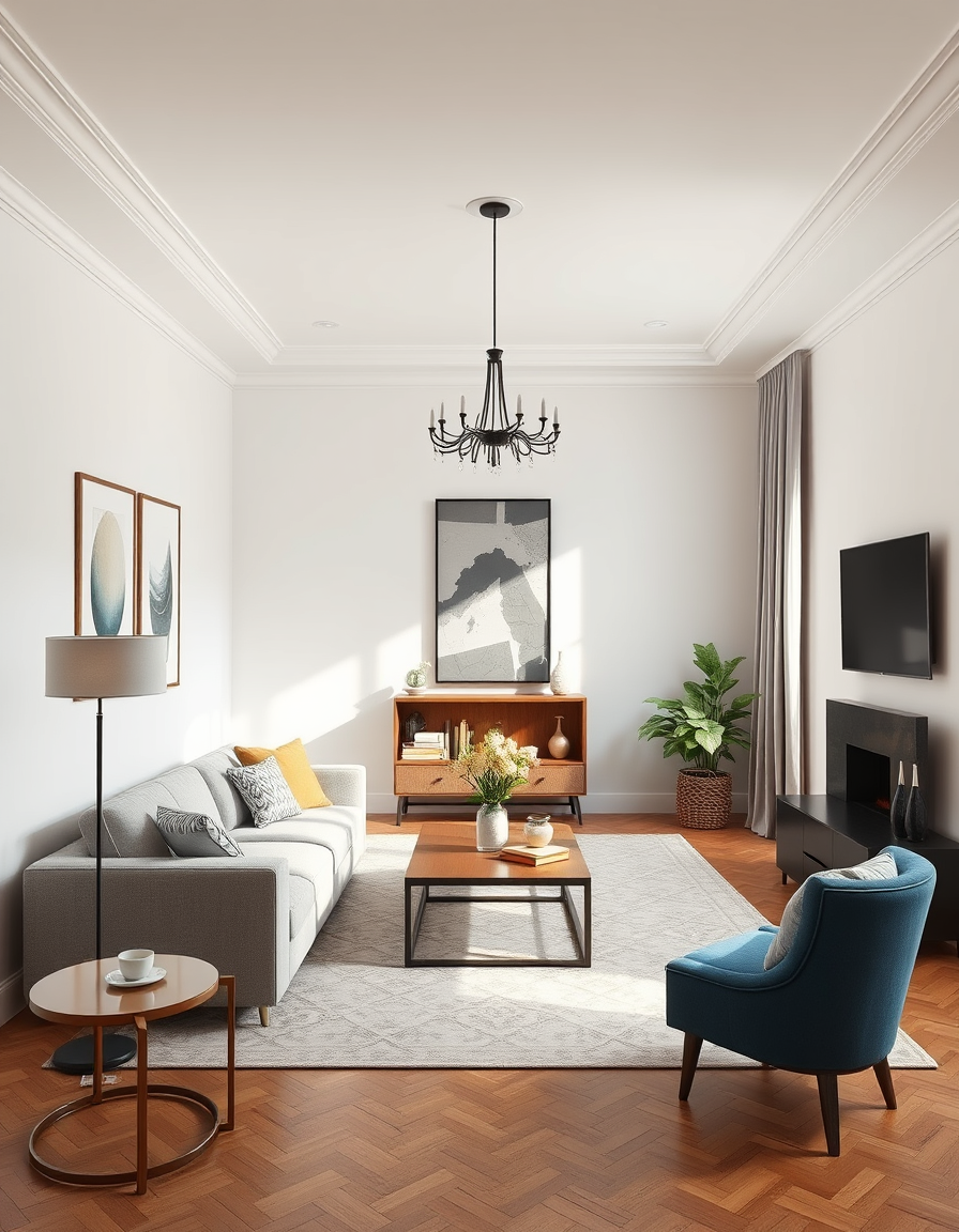 Virtual Staging idea created from the prompt: virtually staged empty room from the photo, tasteful furniture and decor added, photorealistic interior render, small stage in a room , real