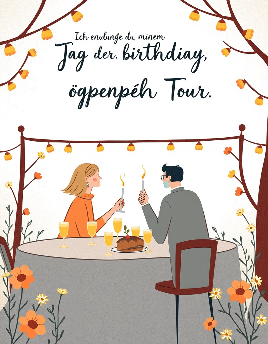 Greeting Cards idea: greeting card design, warm illustration, space for message, ich brauche eine einladung zu meinem 50. Geburtstag. Motto Tag der offenen Tür. Alle könne