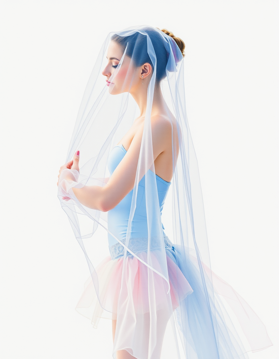 Main painting studio: Watercolor of a ballerina with an iridescent veil, covering her completely.
