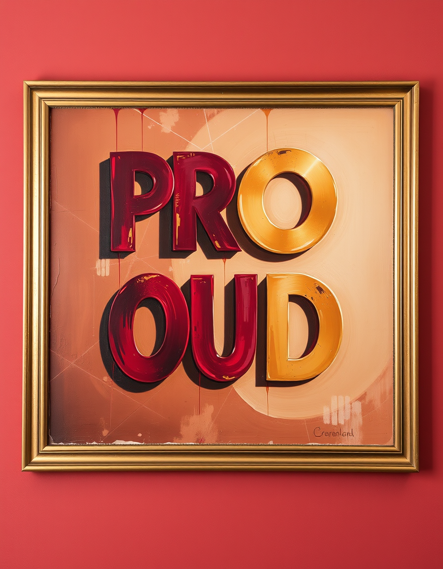 Wall Art idea: print-oriented artwork composed for a chosen room, frame ratio, and viewing distance, deliberate composition, P R O U D individual letters in burgundy