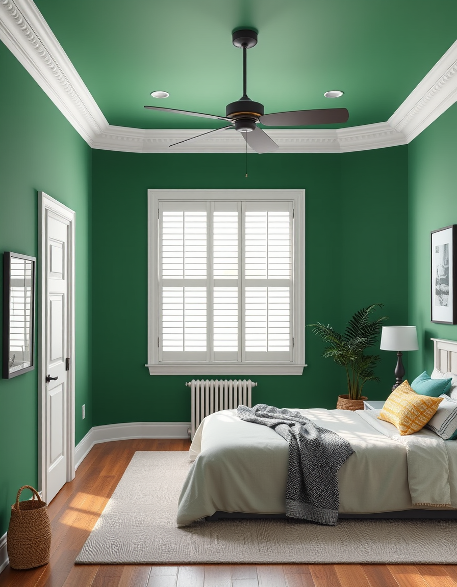 Paint Color idea: room repainted in a new wall color from the photo, accurate paint finish, photorealistic interior render, A bedroom with hunter green walls , paint co