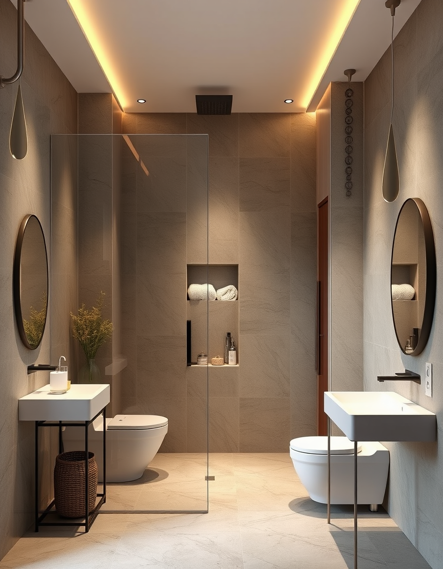 Interior Design idea: AI interior design, cohesive furniture layout decor and lighting, photorealistic interior render, 84"×73" enclosed bathing area, 29" door, one-person