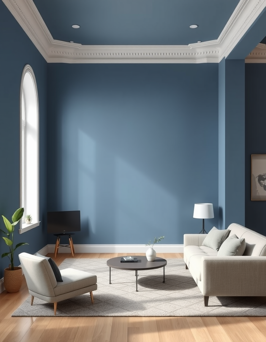 Paint Color idea: room repainted in a new wall color from the photo, accurate paint finish, photorealistic interior render, a living room with walls painted in #1b80b8,