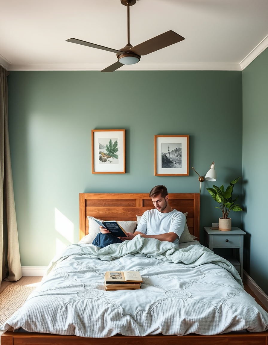 Main painting studio: paint a bed room for a male who likes to read. like calming spaces, likes nature, likes beach and ocean colors, likes forests and landscape colors. li