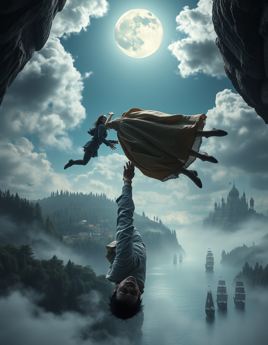 AI Painting prompt example created from the prompt: Create a realistic medieval visual scene showing a man and a woman both falling through open space. The woman reaches downward, trying to ca