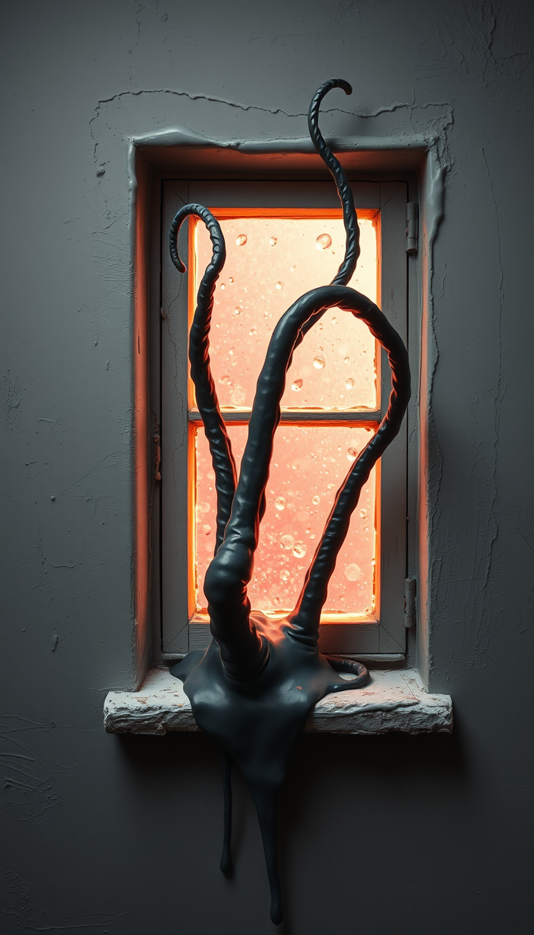 Main painting studio: an oil looking gray tendral appendage like venom whiping out. on a small window like a playing card