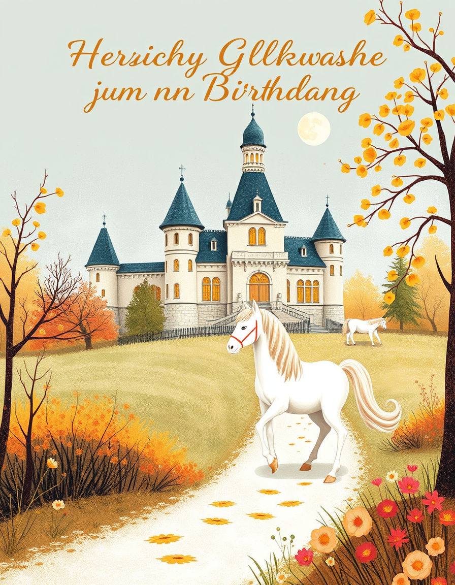 Greeting Cards idea: greeting card design, warm illustration, space for message, schloss in wüste, prinzessin, weisses pferd, Regina Zimmermann, Herzliche Glückwünsche zum