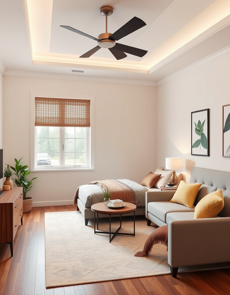 Virtual Staging idea: virtually staged empty room from the photo, tasteful furniture and decor added, photorealistic interior render, Bedroom, 12x15 , real estate staging v