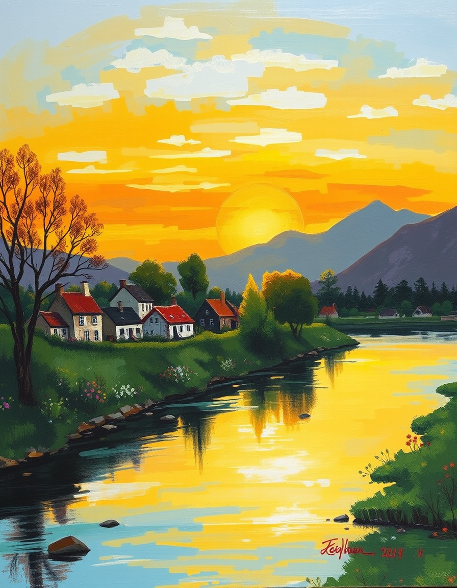 Main painting studio: A handmade sunset painting of a small village beside a river, using rough oil paint strokes and uneven color patches. Imperfect trees, loosely painted