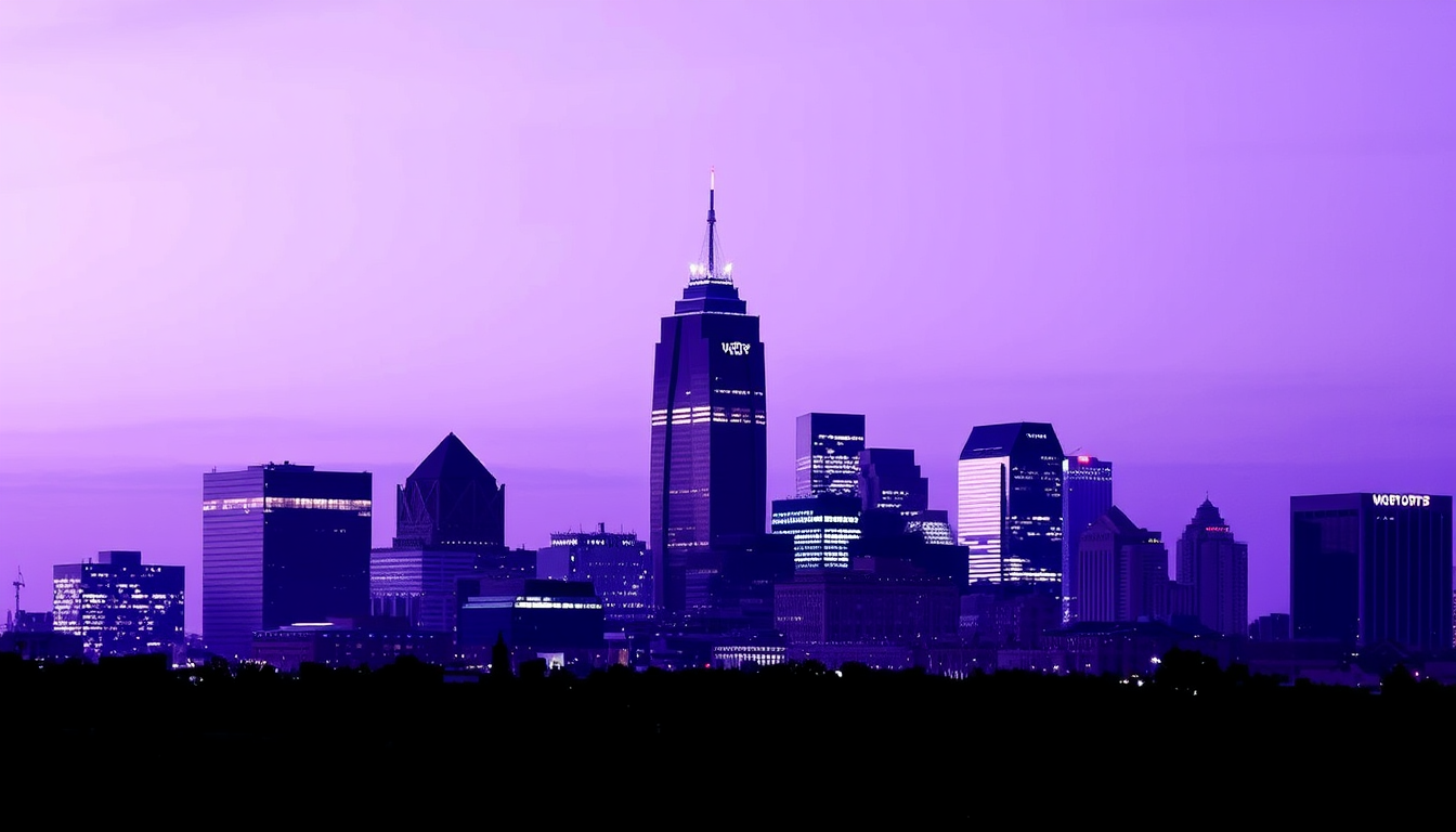 Main painting studio: Fort Worth Skyline Silohuette. Main color, purple