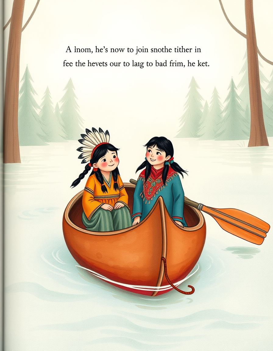 Storybook Illustrations idea: storybook illustration, warm narrative scene, hand-drawn feel, soft palette, Native American Grandma and small grandson in the water in a sturgeon nos