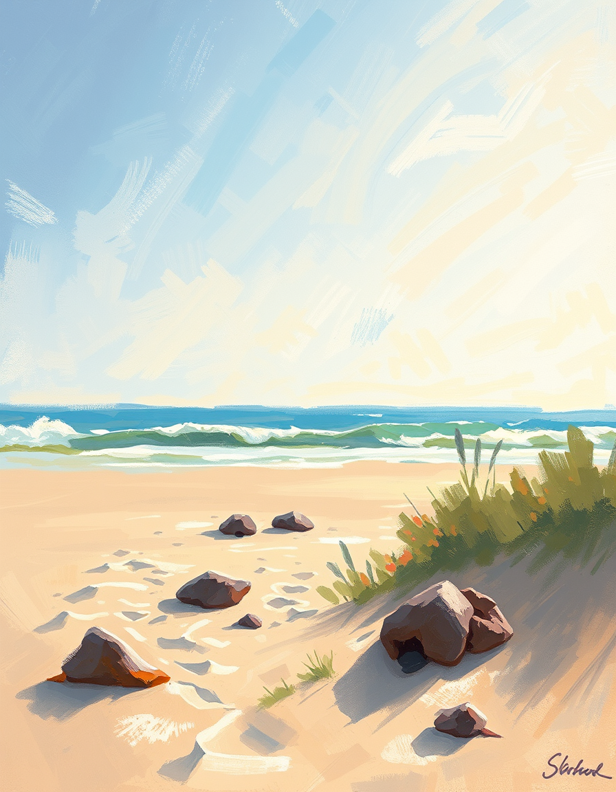 Main painting studio: impressionist beach scene, loose visible brushstrokes, summer light