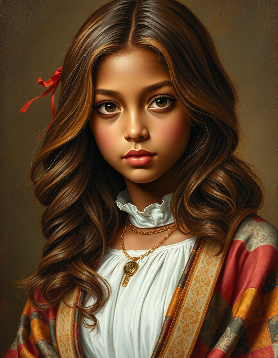 Oil Paintings idea: oil painting style, rich textures, brushstrokes, impasto technique, Full-length painting in the style of the 18th-19th century: A tall girl with thick
