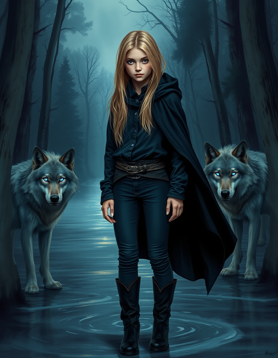 Book Covers idea: cover-ready concept art organized around genre, focal point, and title-safe space, deliberate composition, a dark, foggy forest at night, a 16 year ol
