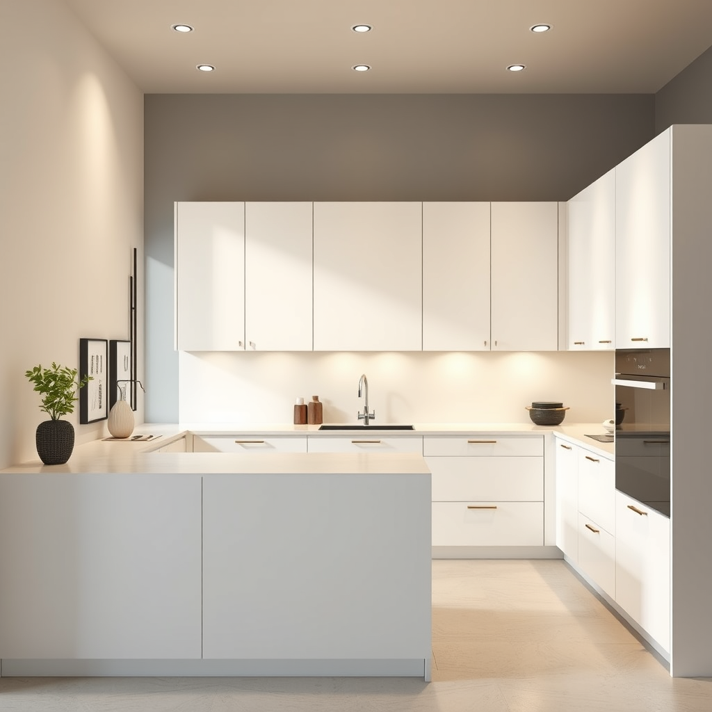 Kitchen Design idea: AI kitchen design, modern cabinetry countertops and lighting, photorealistic interior render, a minimalist Japanese-inspired kitchen with handleless w