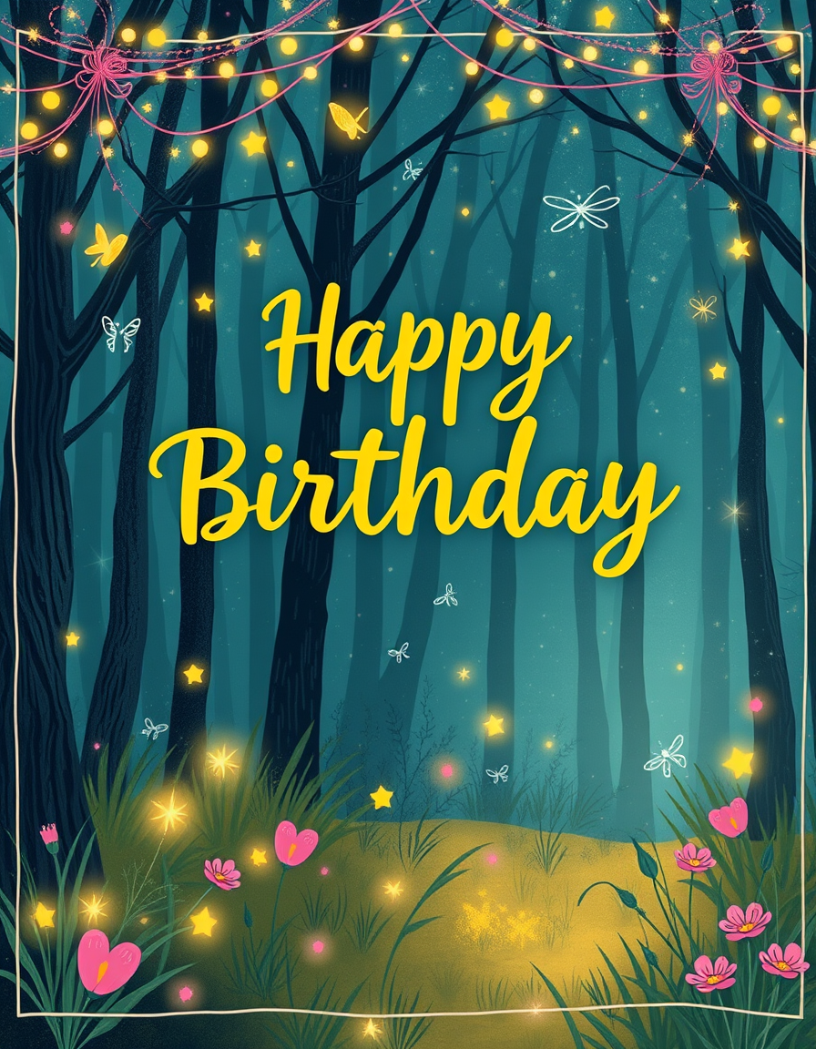 Birthday Cards idea: birthday card design, cheerful festive artwork, space for greeting, magical forest scene with fireflies and fairy lights, dreamy , printable birthday 