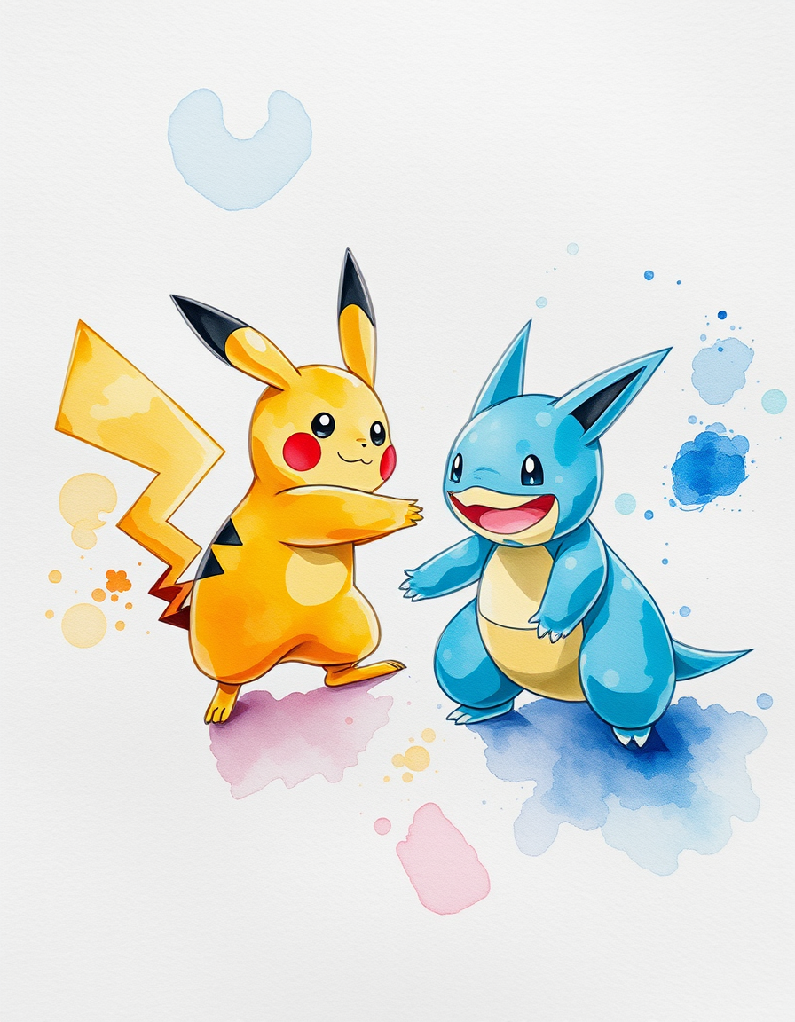 Picture Into Watercolor idea: turn picture into watercolor, transparent washes, paper texture, soft pigment edges, Pikachu vs blastoise , delicate watercolor painting, luminous col