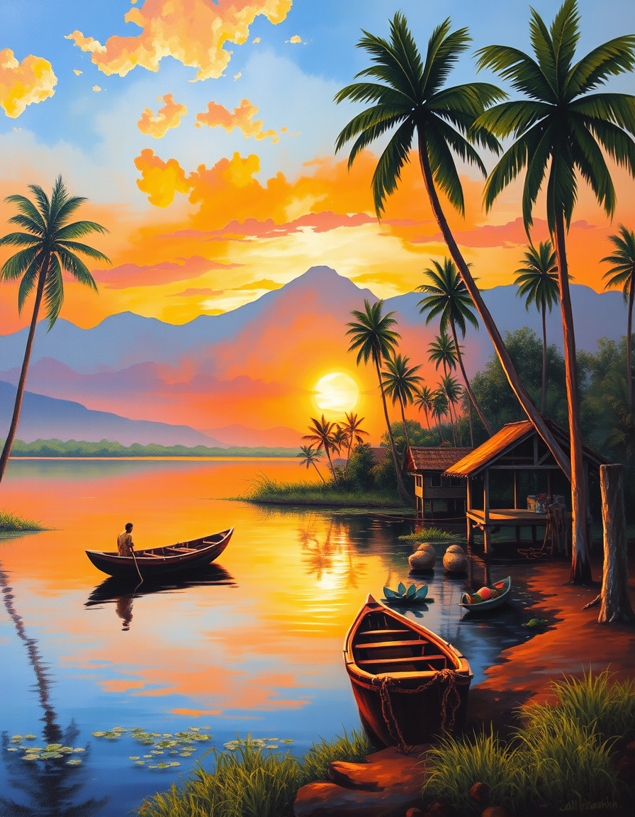 Main painting studio: A beautiful oil painting of a traditional Sri Lankan village beside a lake at sunset, coconut trees, mountains in the distance, a small wooden boat, w